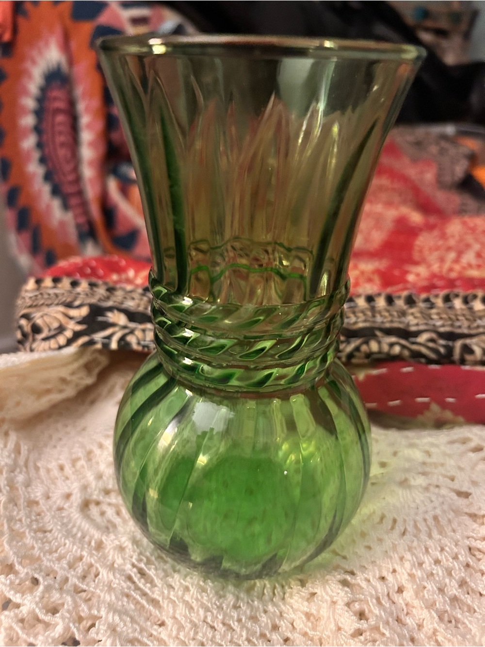 1970’s Embossed with thought, Green Decorative Glass Bud Vase - Unbranded